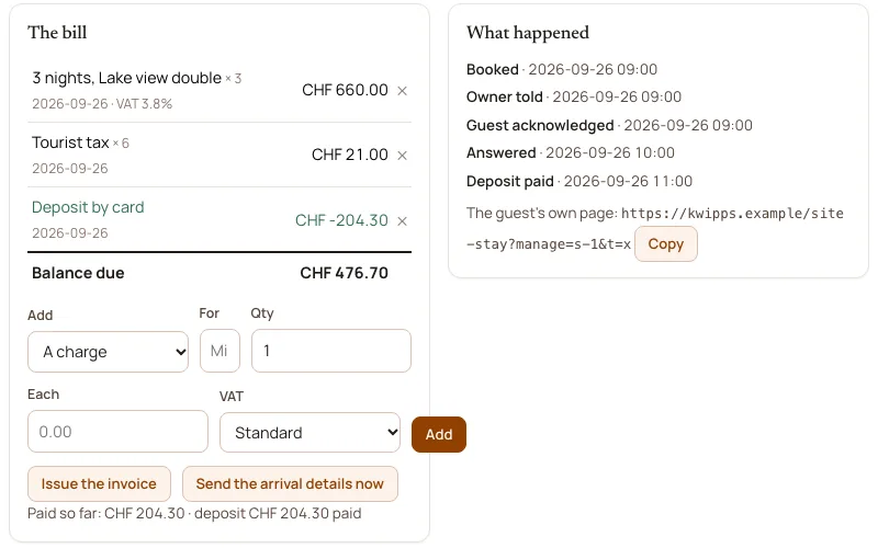 The bill of a stay: three nights, the tourist tax, a deposit by card and the balance due.