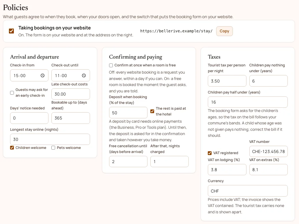 The Policies screen: the switch that puts the booking tool on the website, confirm at once, the deposit and the tourist tax by age.